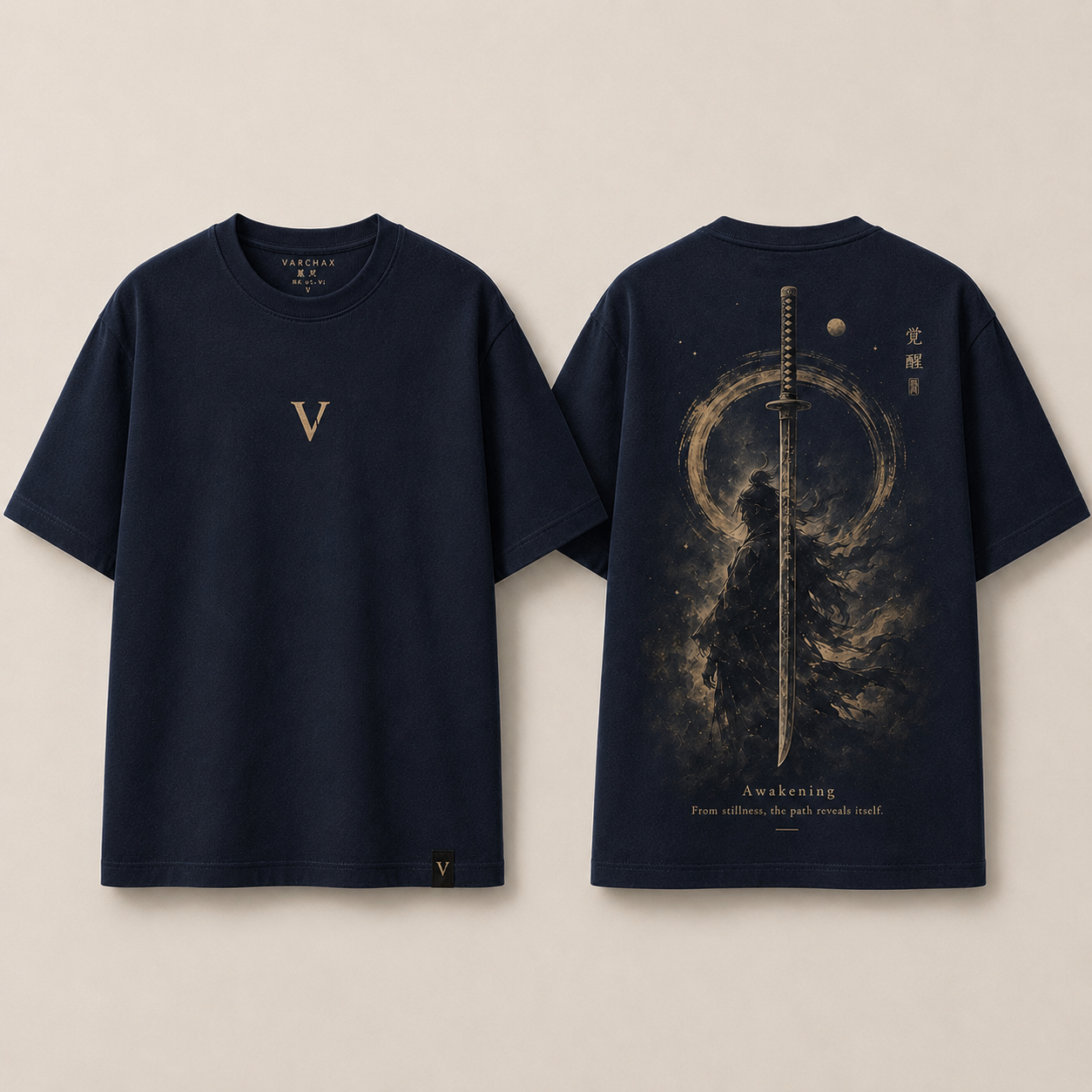 Awakening Tee — Midnight Navy, front and back