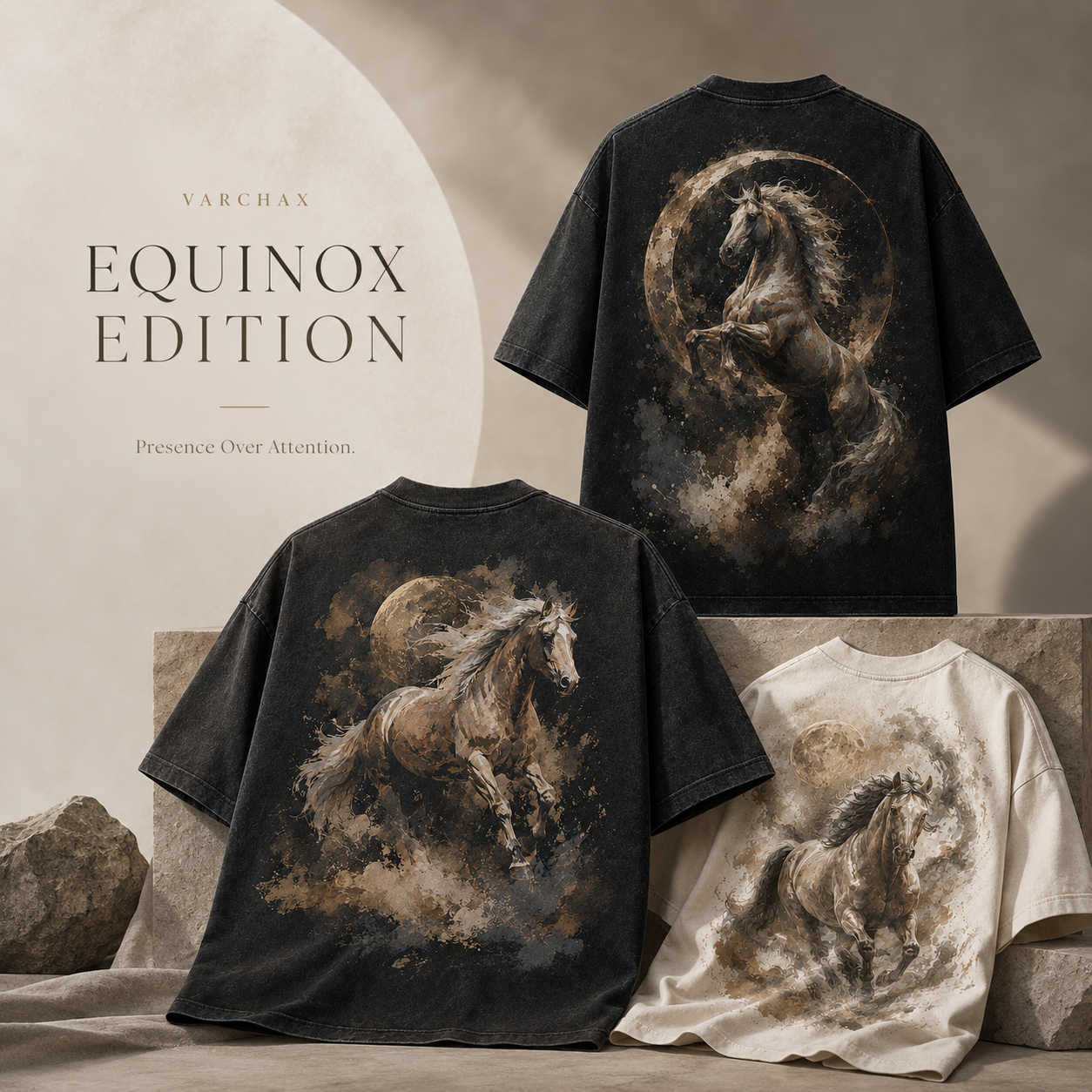 VARCHAX Equinox Edition — washed tees with equine moonlit artwork