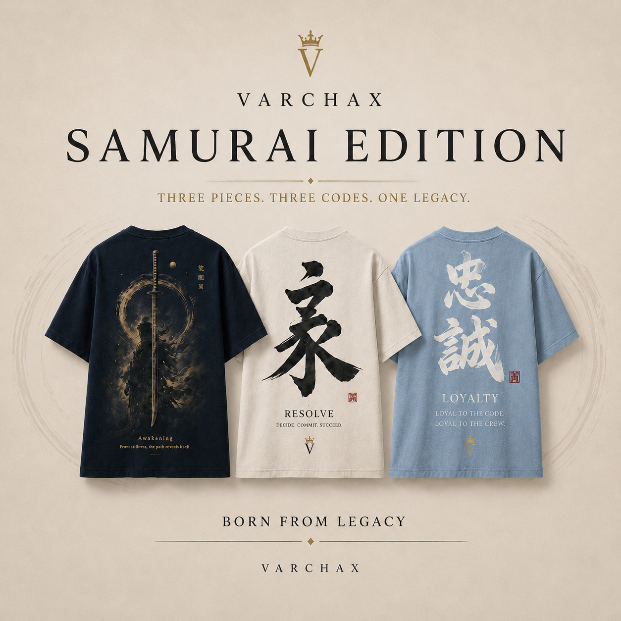 VARCHAX Samurai Edition — three tees with calligraphic back artwork
